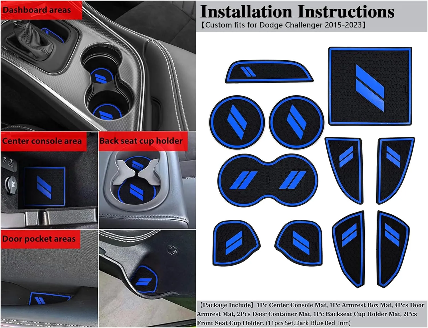 Auprite Anti Dust Mats for Dodge Challenger Accessories 2015 2016 2017 2018 2019 2020 2021 2022 2023,Custom Fits Cup Holder Liners Mats Door Pocket Center Console Liners, 11pcs/kit (Dark Blue)