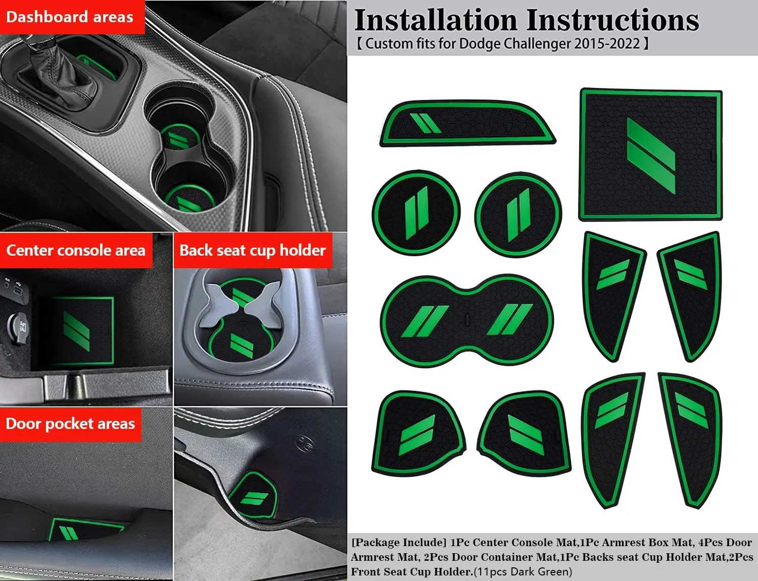 Auprite Anti Dust Mats for Dodge Challenger Accessories 2015 2016 2017 2018 2019 2020 2021 2022 2023,Custom Fits Cup Holder Liners Mats Door Pocket Center Console Liners, 11pcs/kit (Dark Green)