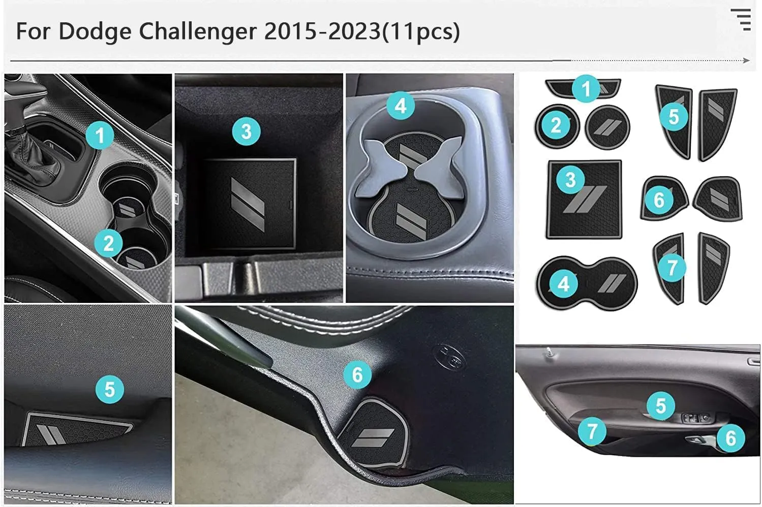 Auprite Anti Dust Mats for Dodge Challenger Accessories 2015 2016 2017 2018 2019 2020 2021 2022 2023,Custom Fits Cup Holder Liners Mats Door Pocket Center Console Liners, 11pcs/kit (Gray)