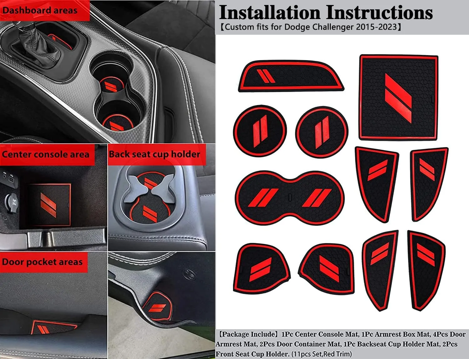 Auprite Anti Dust Mats for Dodge Challenger Accessories 2015 2016 2017 2018 2019 2020 2021 2022 2023,Custom Fits Cup Holder Liners Mats Door Pocket Center Console Liners, 11pcs/kit (Red)