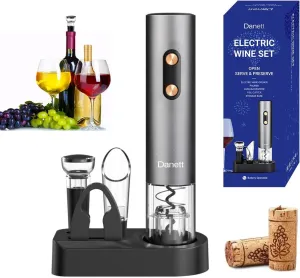 Automatic Electric Wine Opener Gift Set 5in1, Electric Wine Corkscrew,Wine Foil Cutter,Wine Pourer,Wine Vacuum Stoppers Base,AL alloy body&Gold Buttons Anti-fingerprint,LED Light Bin-Grey