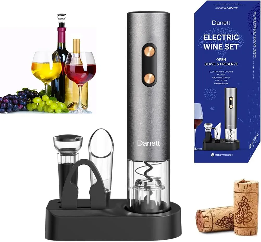 Automatic Electric Wine Opener Gift Set 5in1, Electric Wine Corkscrew,Wine Foil Cutter,Wine Pourer,Wine Vacuum Stoppers Base,AL alloy body&Gold Buttons Anti-fingerprint,LED Light Bin-Grey