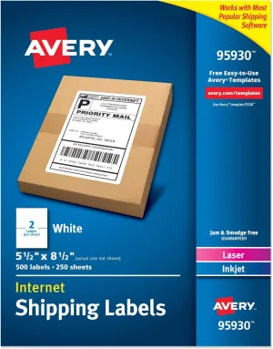 Avery Half Sheet Printable Shipping Labels, 5.5" x 8.5", White, 500 Blank Mailing Labels, Great for Packages, Product Merchandising, Organization, and More (95930)