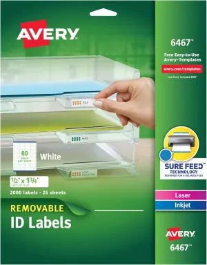 Avery Removable ID Labels, Sure Feed, Removable Adhesive, 0.5" x 1.75", 2,000 Labels (6467)