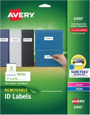 Avery Removable ID Labels, Sure Feed Technology, Removable Adhesive, 1" x 2-5/8", 750 Labels (6460)