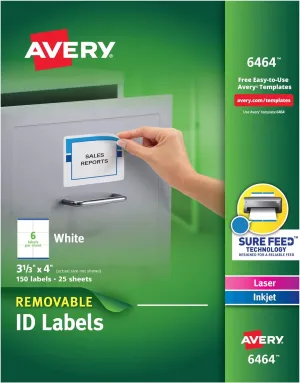 Avery Removable ID Labels, Sure Feed Technology, Removable Adhesive, 3-1/3" x 4", 150 Labels (6464)