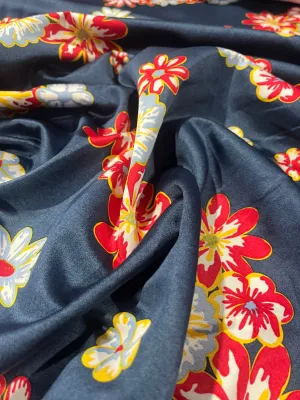 B01 heavy satin cotton/viscose red blue flowers