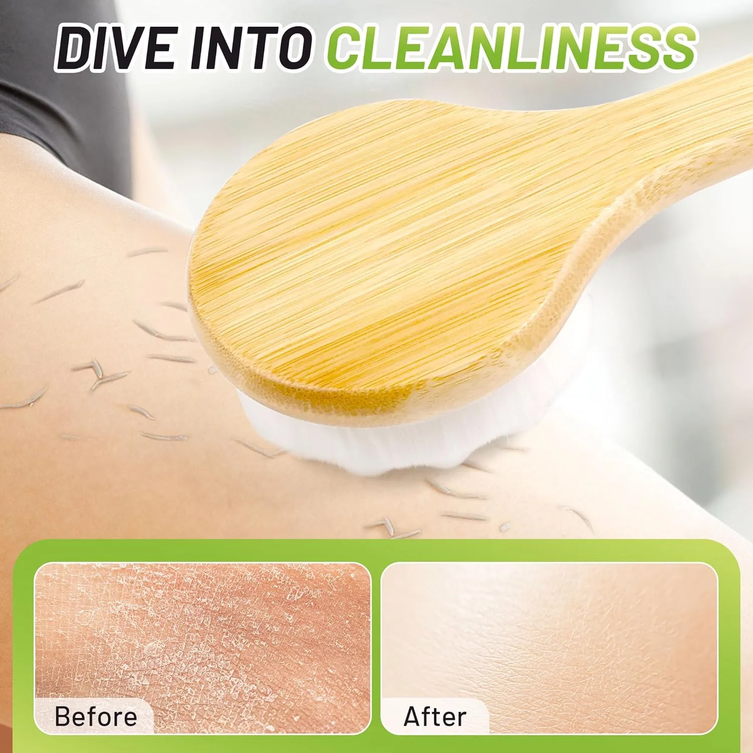 Back Scrubber for Shower 17.32'', Soft Bristles Bamboo Shower Brush for Men Women, Long Curved Handle Bath Brush for Exfoliating, Smooth Skin & Back Scrubbing Gift for Older