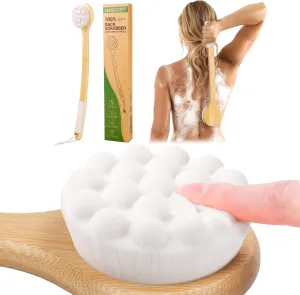 Back Scrubber for Shower 17.32'', Soft Bristles Bamboo Shower Brush for Men Women, Long Curved Handle Bath Brush for Exfoliating, Smooth Skin & Back Scrubbing Gift for Older