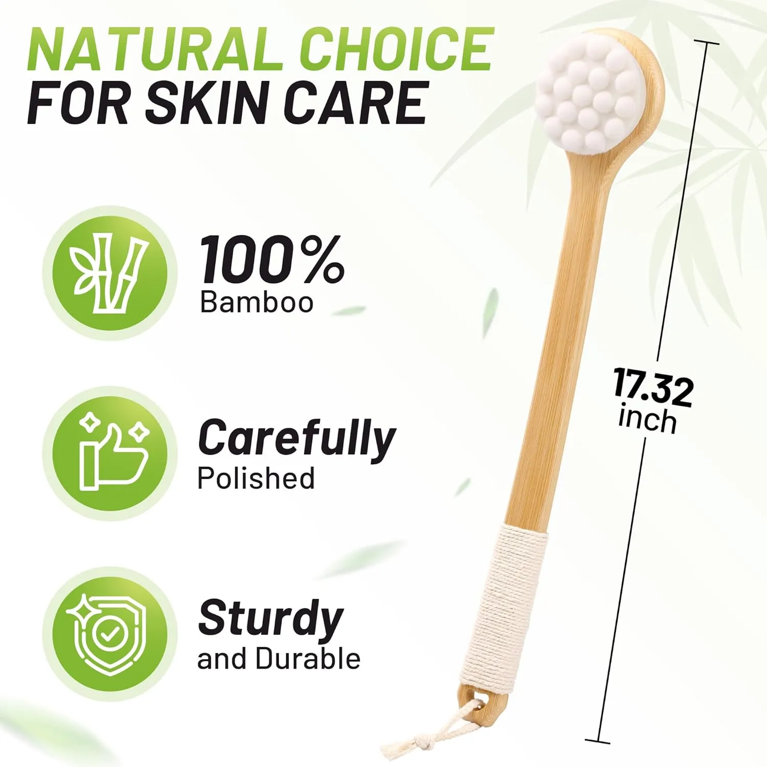 Back Scrubber for Shower 17.32'', Soft Bristles Bamboo Shower Brush for Men Women, Long Curved Handle Bath Brush for Exfoliating, Smooth Skin & Back Scrubbing Gift for Older
