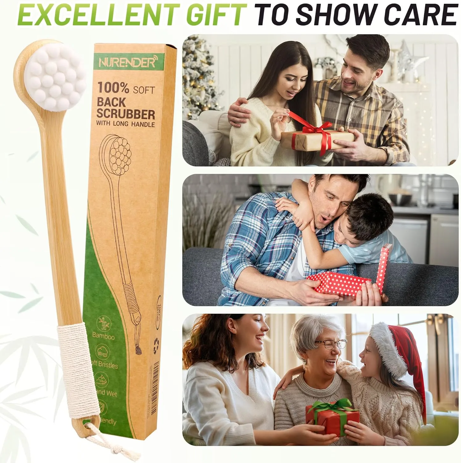 Back Scrubber for Shower 17.32'', Soft Bristles Bamboo Shower Brush for Men Women, Long Curved Handle Bath Brush for Exfoliating, Smooth Skin & Back Scrubbing Gift for Older