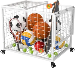 Ball Cart Garage Sports Equipment Basketball Organizer with Lockable Lid, Basketball Storage Bin for Indoor Outdoor, Rolling Exercise Ball Holder for Gym, School, Club
