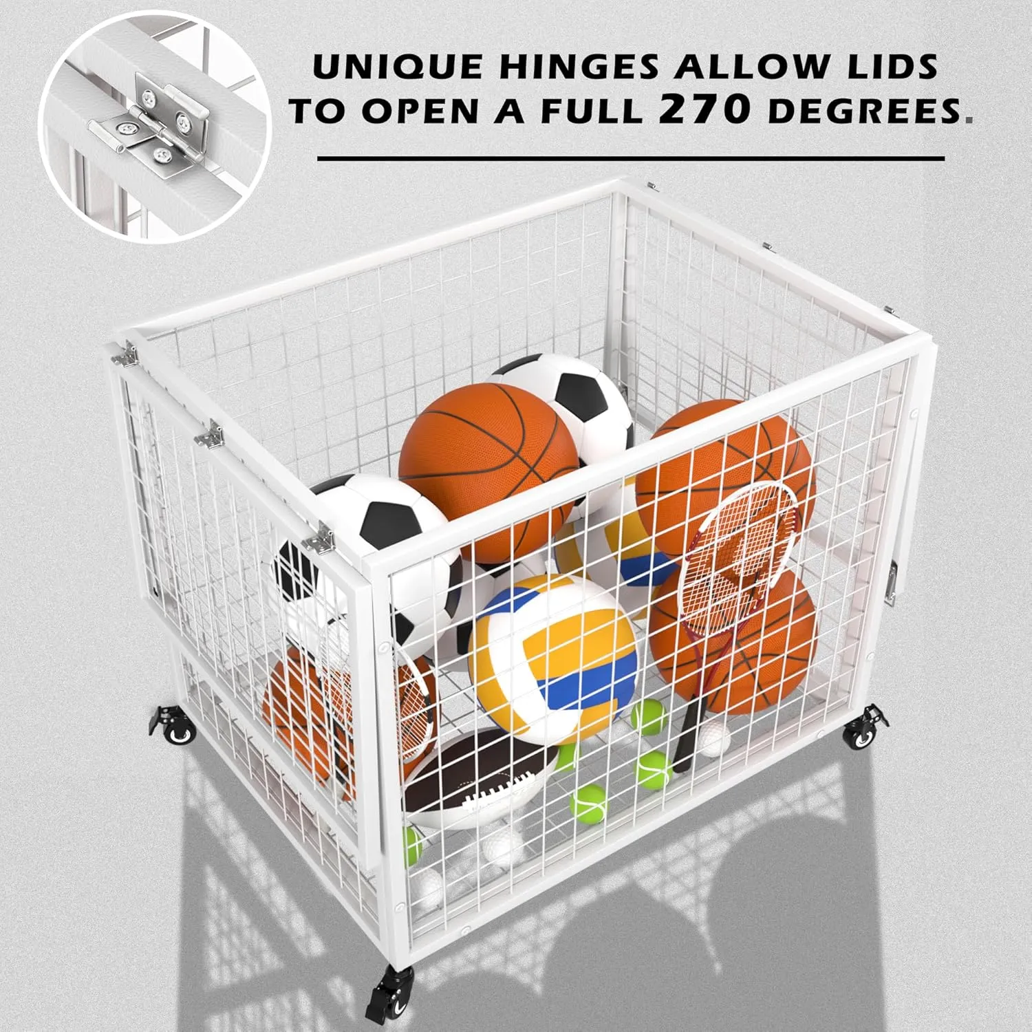 Ball Cart Garage Sports Equipment Basketball Organizer with Lockable Lid, Basketball Storage Bin for Indoor Outdoor, Rolling Exercise Ball Holder for Gym, School, Club