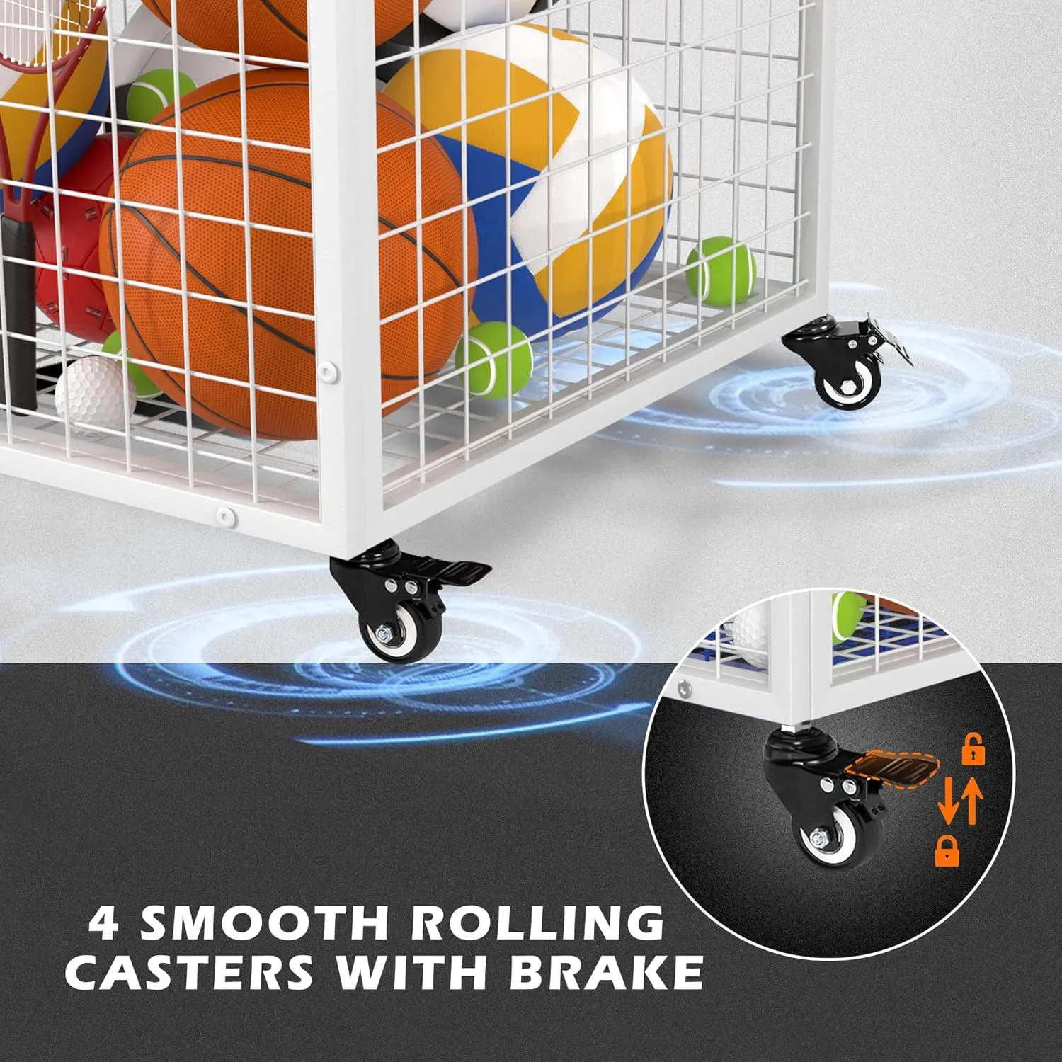 Ball Cart Garage Sports Equipment Basketball Organizer with Lockable Lid, Basketball Storage Bin for Indoor Outdoor, Rolling Exercise Ball Holder for Gym, School, Club