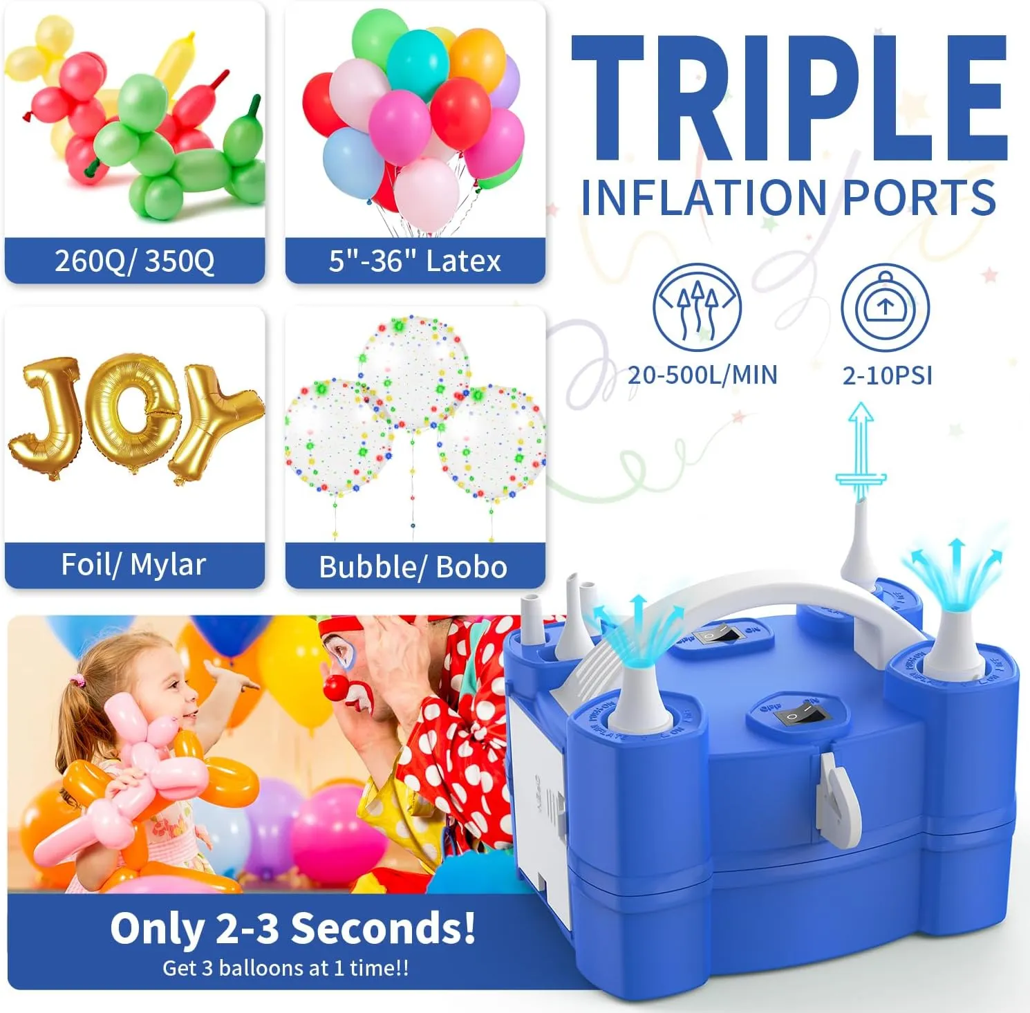 Balloon Pump 3-in-1 Electric Air Pump for All Balloons& Inflatables, Triple Inflating Ports for Latex 260q Foil Mylar Balloon Inflation, Quick-Fill Inflator Deflator for Pool Floats Air Beds