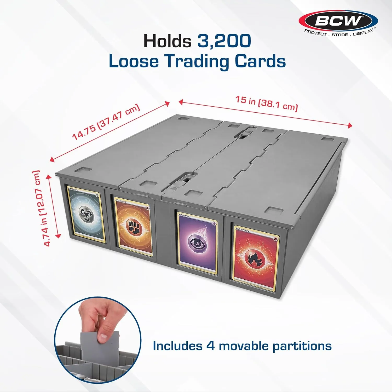 BCW Collectible Card Bin - Single Gray | Storage Box for Trading Cards | Holds 3200 Cards | Includes 4 Card Storage Partitions | Loose Trading Card Storage for Pokemon, MTG, and Sports Cards