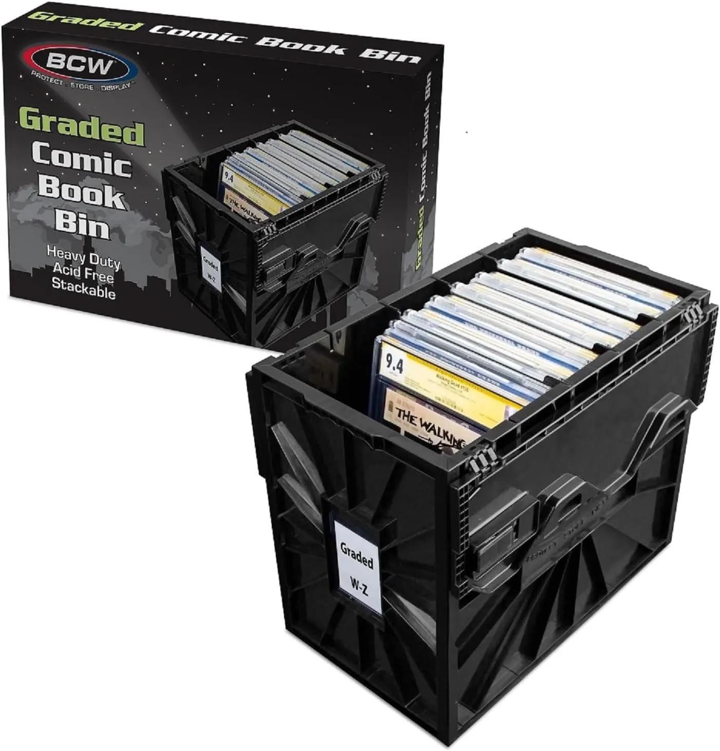 BCW Graded Comic Book Bin - Black | Fits 30 Graded Slabs | Acid-Free, Stackable Plastic Storage Box with Partition