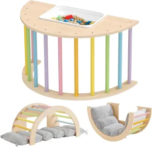 Beright 3 in 1 Climbing Arch Sensory Table with Gray Cushion for Kids, Montessori Wooden Climbing Toys, Kids Sensory Table with a Storage Bin, Rocker Board, Indoor Gym Learning Playset, Rainbow