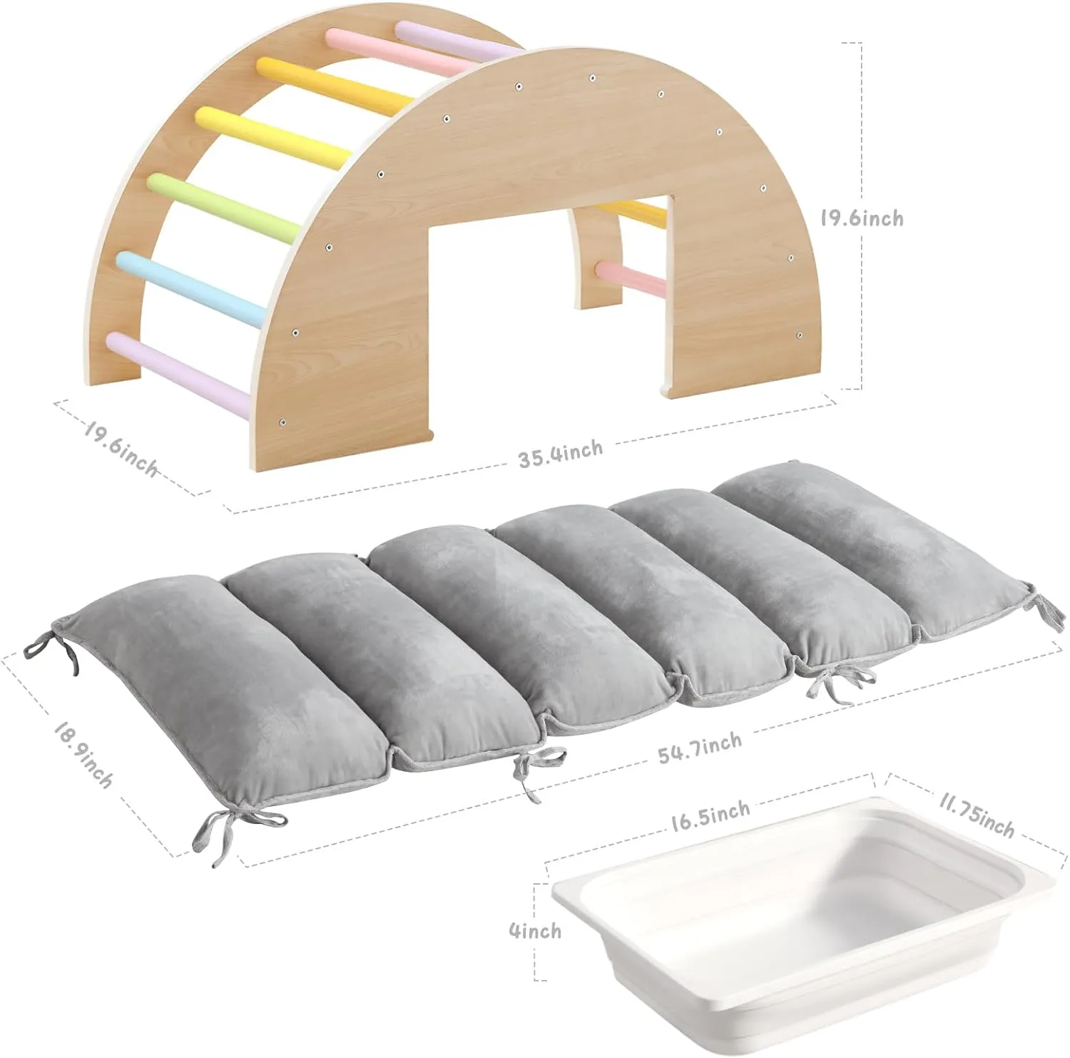 Beright 3 in 1 Climbing Arch Sensory Table with Gray Cushion for Kids, Montessori Wooden Climbing Toys, Kids Sensory Table with a Storage Bin, Rocker Board, Indoor Gym Learning Playset, Rainbow