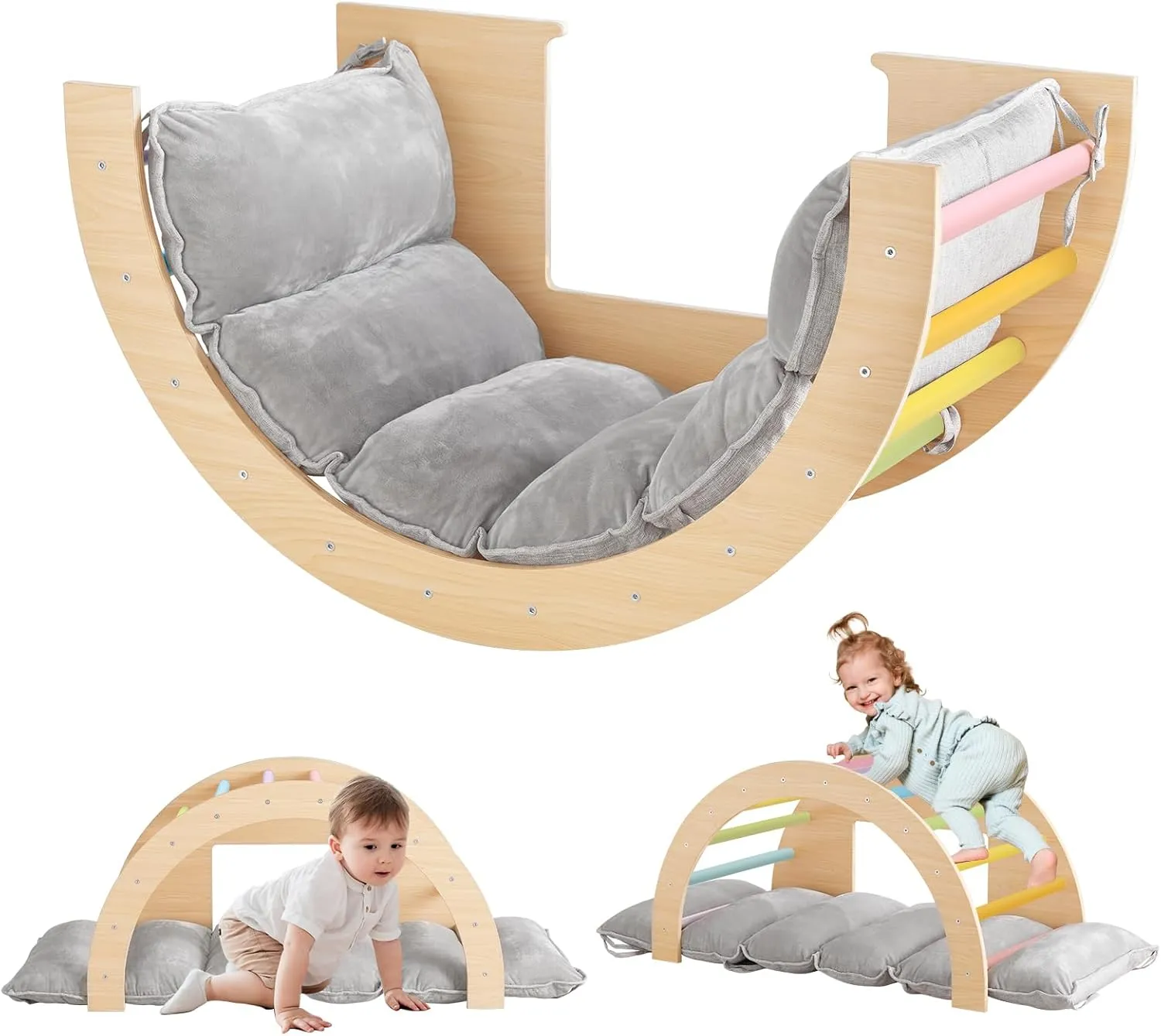 Beright 3 in 1 Climbing Arch Sensory Table with Gray Cushion for Kids, Montessori Wooden Climbing Toys, Kids Sensory Table with a Storage Bin, Rocker Board, Indoor Gym Learning Playset, Rainbow