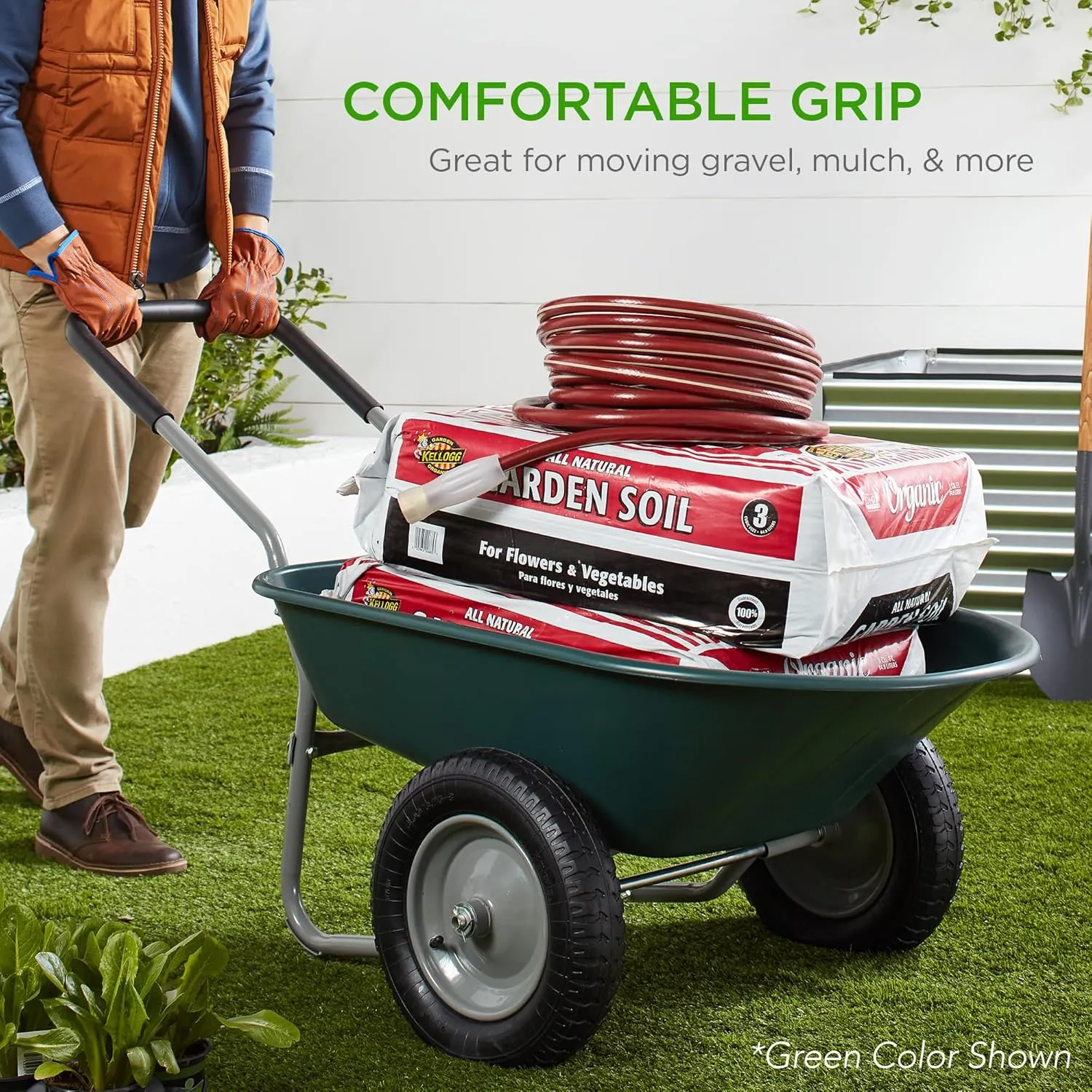 Best Choice Products Dual-Wheel Home Utility Yard Wheelbarrow Garden Cart w/Built-in Stand for Lawn, Gardening, Construction - Dark Gray
