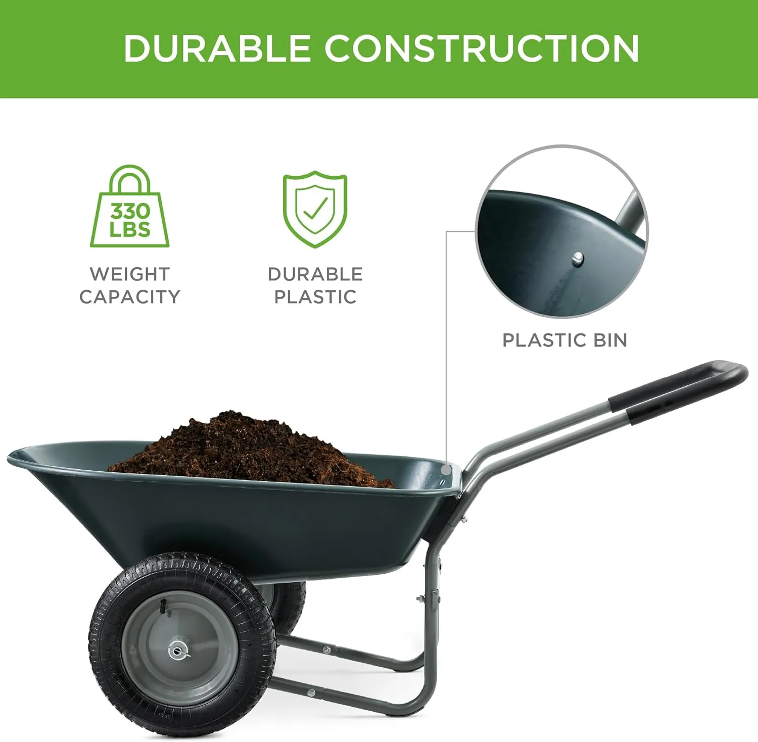 Best Choice Products Dual-Wheel Home Utility Yard Wheelbarrow Garden Cart w/Built-in Stand for Lawn, Gardening, Construction - Dark Gray