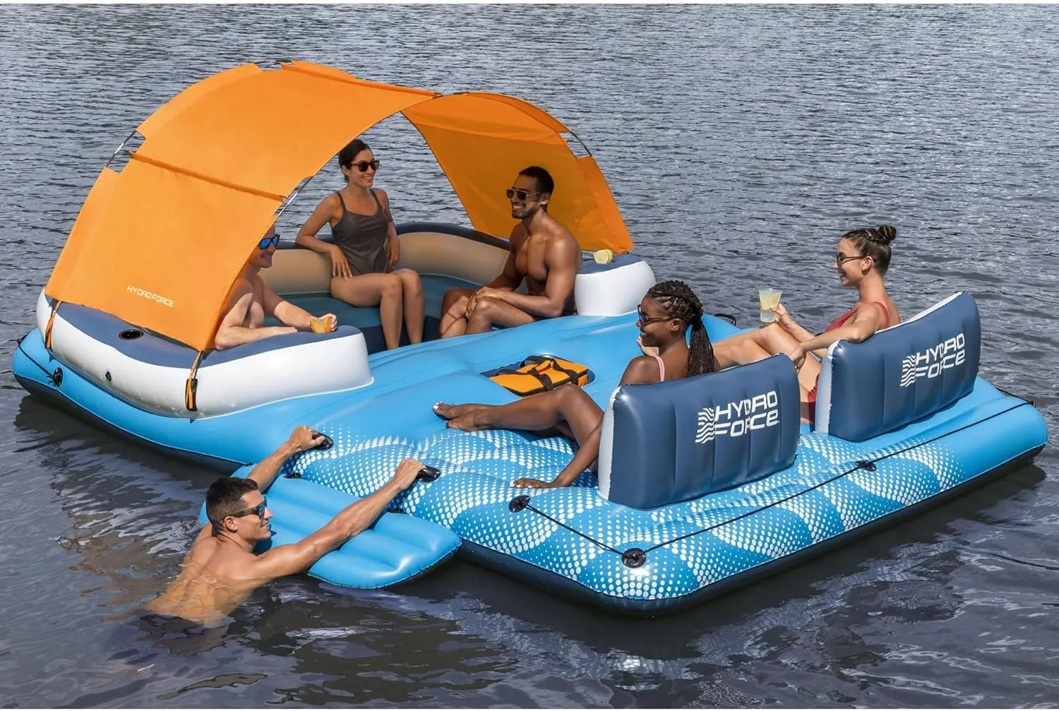 Bestway CoolerZ Tropical Breeze 6 Person Inflatable Party Island Large Relaxing Water Float with Detachable Sunshade and Cooler Bag