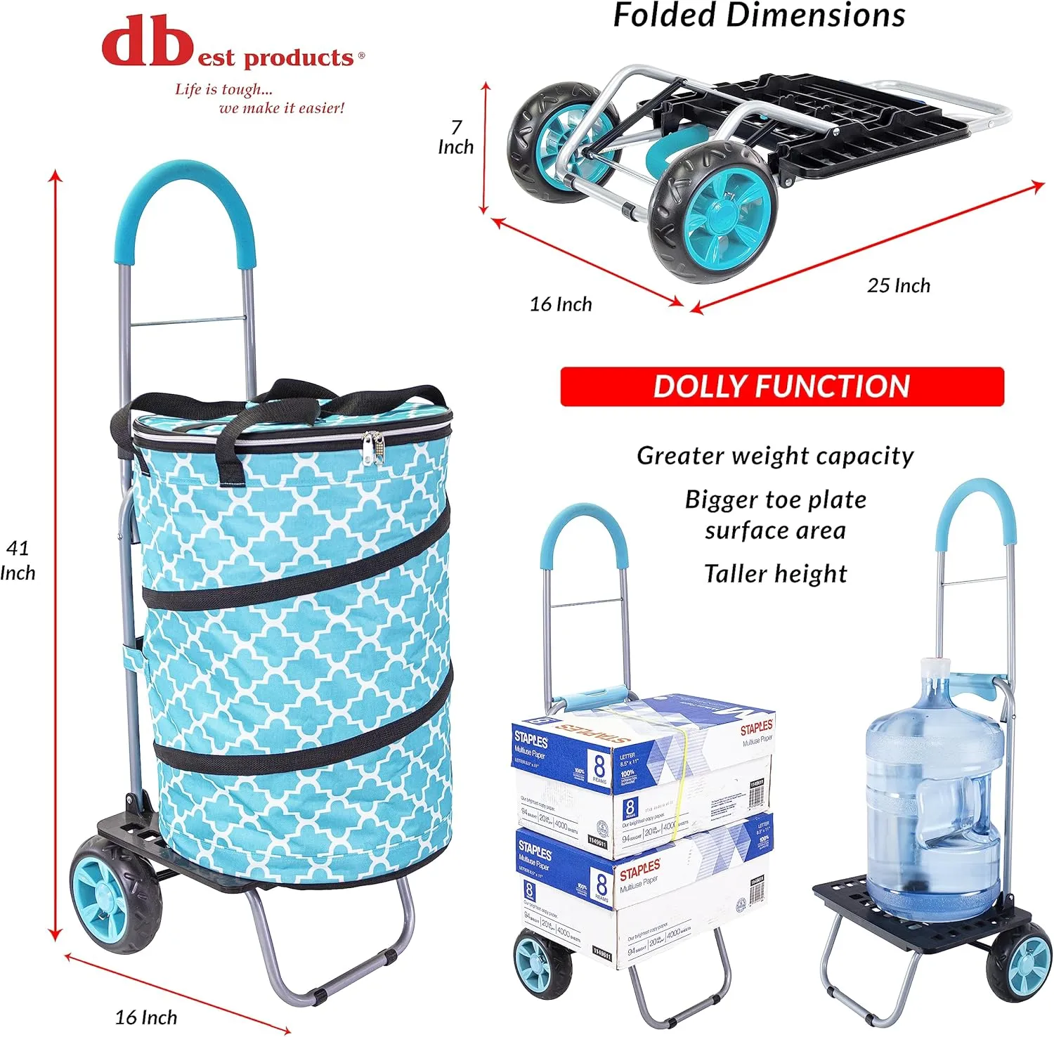 Bigger Cooler Trolley Dolly Insulated Folding Shopping Cart with Removable Bag Rolling Beach Tote Cooler with Wheels Pop Up Golf, Turquoise