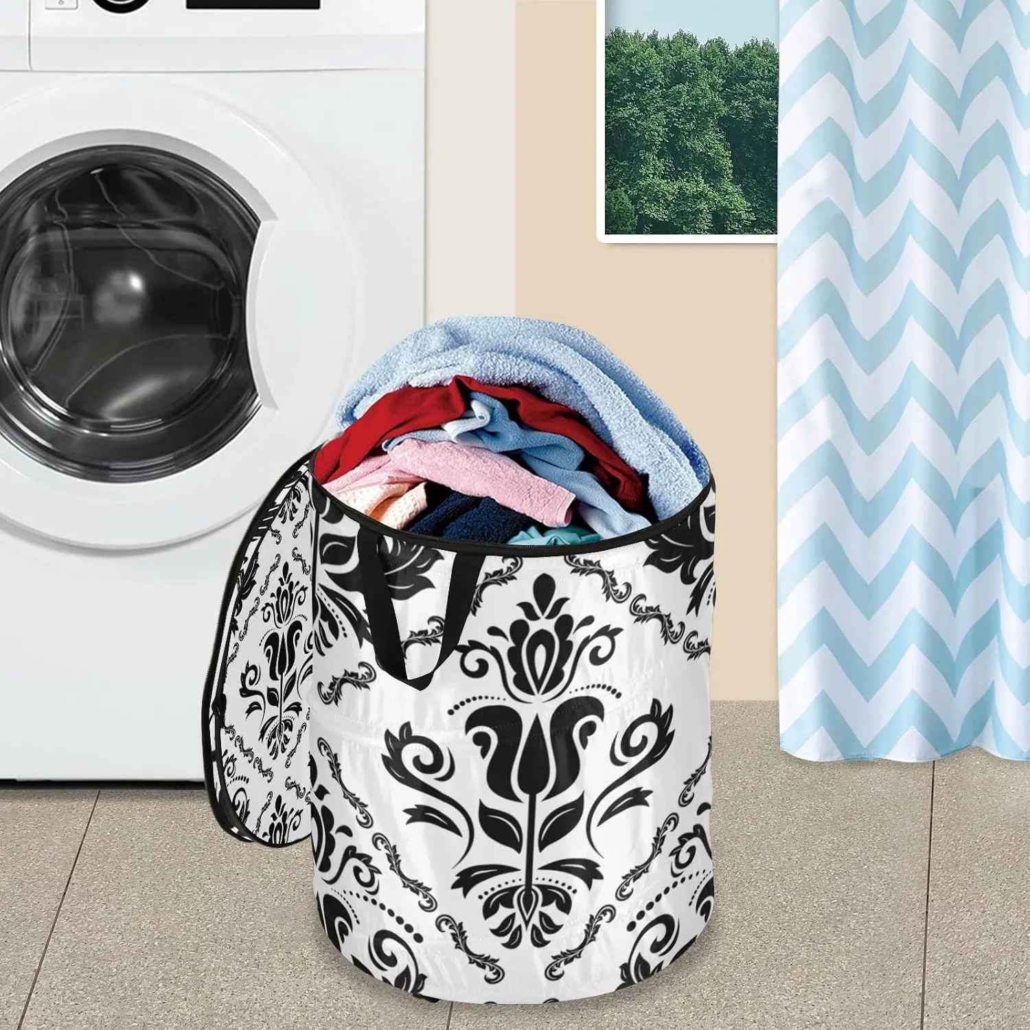 Black Floral Oriental Damask Arabesque Seamless Flowers Pattern Pop Up Laundry Hamper, Collapsible Dirty Clothes Basket with Zipper Lid, Storage Bag Washing Bin for Room College Dorm Travel