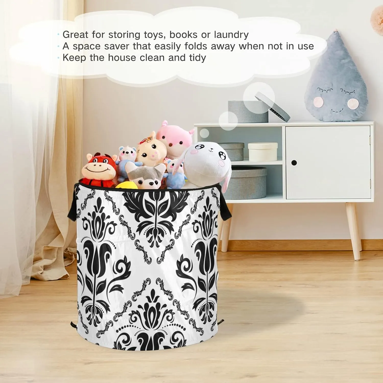 Black Floral Oriental Damask Arabesque Seamless Flowers Pattern Pop Up Laundry Hamper, Collapsible Dirty Clothes Basket with Zipper Lid, Storage Bag Washing Bin for Room College Dorm Travel
