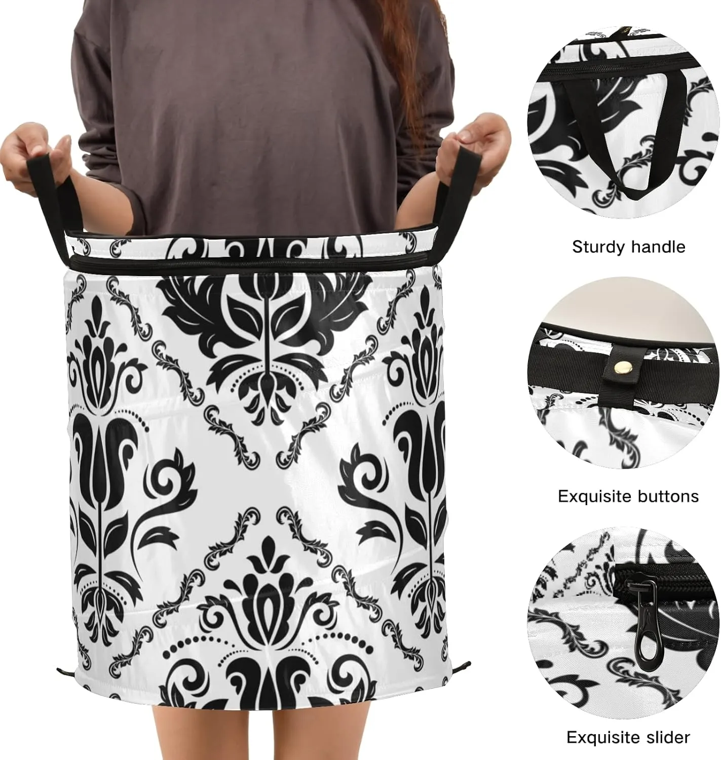 Black Floral Oriental Damask Arabesque Seamless Flowers Pattern Pop Up Laundry Hamper, Collapsible Dirty Clothes Basket with Zipper Lid, Storage Bag Washing Bin for Room College Dorm Travel