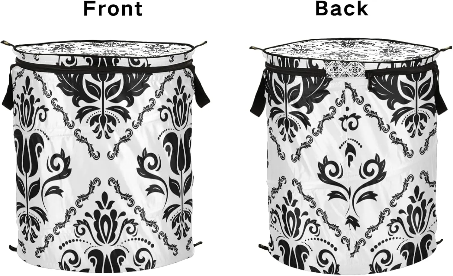 Black Floral Oriental Damask Arabesque Seamless Flowers Pattern Pop Up Laundry Hamper, Collapsible Dirty Clothes Basket with Zipper Lid, Storage Bag Washing Bin for Room College Dorm Travel