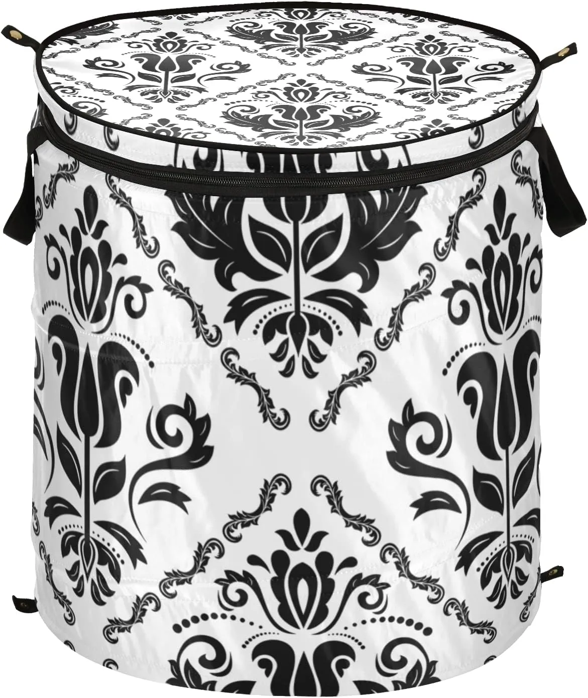 Black Floral Oriental Damask Arabesque Seamless Flowers Pattern Pop Up Laundry Hamper, Collapsible Dirty Clothes Basket with Zipper Lid, Storage Bag Washing Bin for Room College Dorm Travel