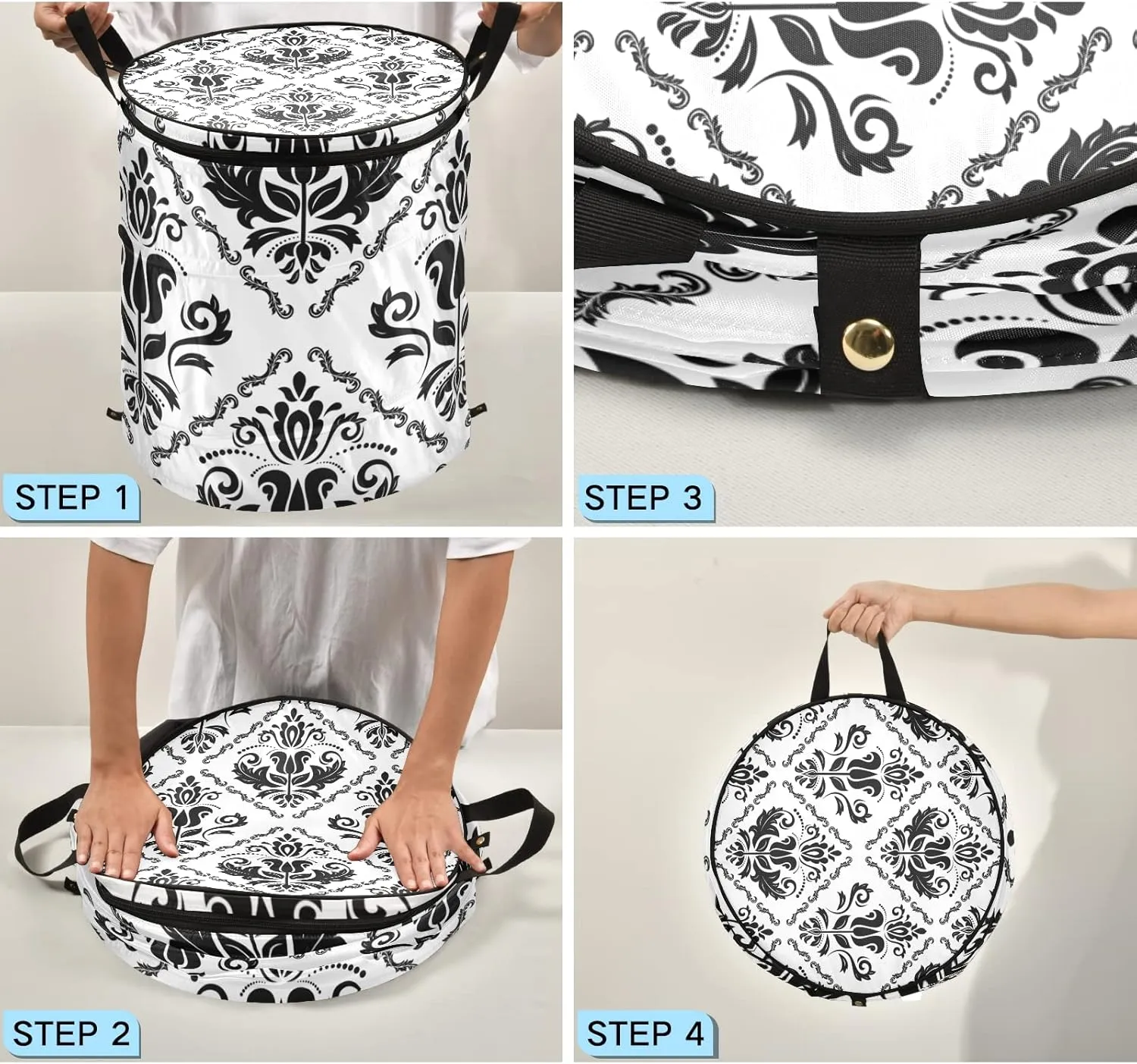 Black Floral Oriental Damask Arabesque Seamless Flowers Pattern Pop Up Laundry Hamper, Collapsible Dirty Clothes Basket with Zipper Lid, Storage Bag Washing Bin for Room College Dorm Travel