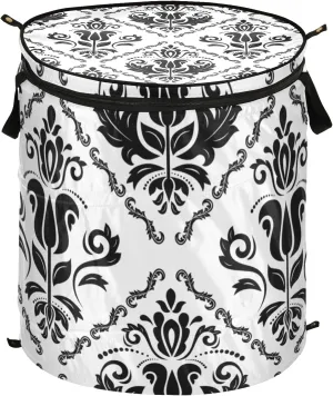 Black Floral Oriental Damask Arabesque Seamless Flowers Pattern Pop Up Laundry Hamper, Collapsible Dirty Clothes Basket with Zipper Lid, Storage Bag Washing Bin for Room College Dorm Travel