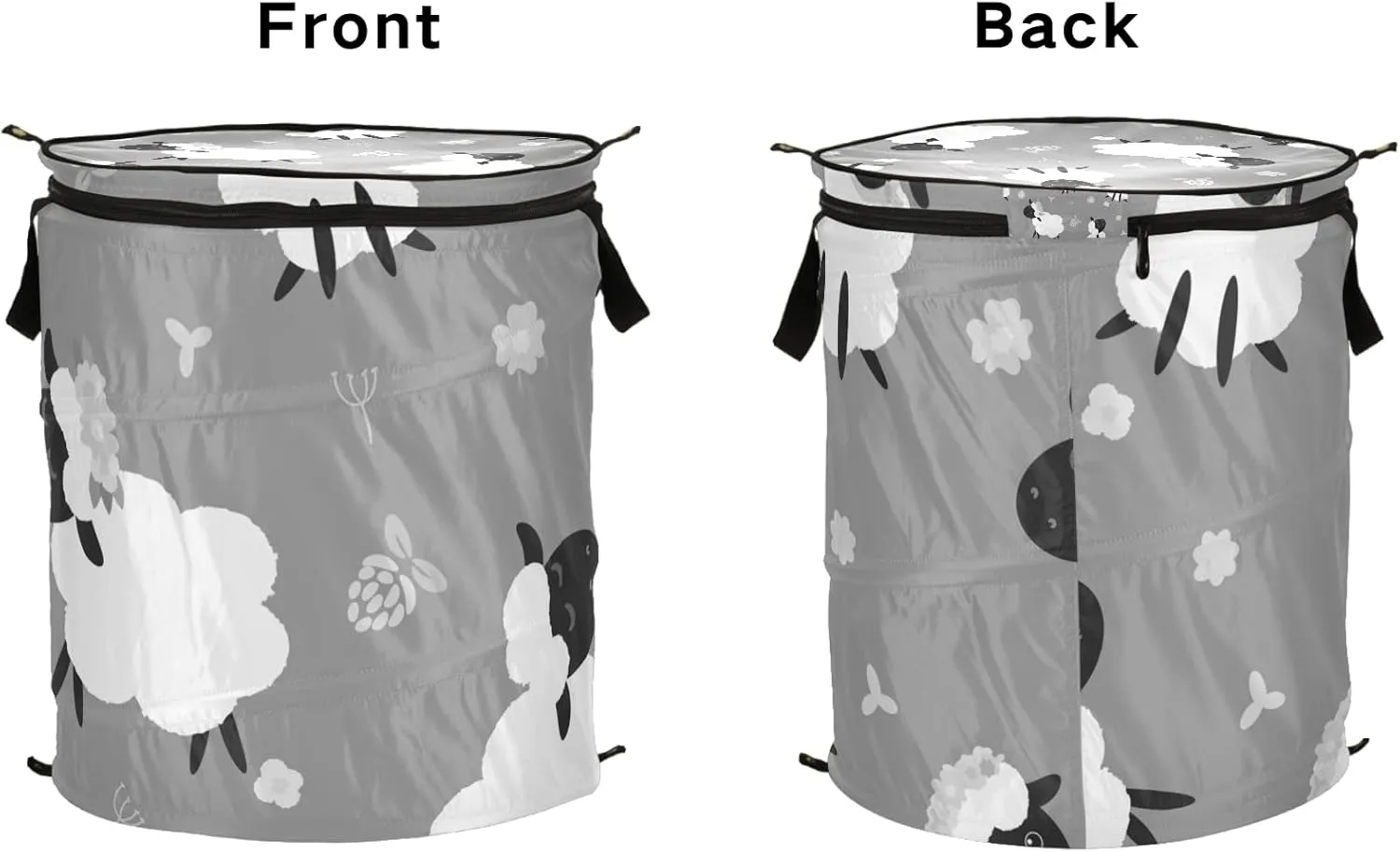 Black White Sheep Lambs Wild Flowers on a Dark Gray Background Pop Up Laundry Hamper, Collapsible Dirty Clothes Basket with Zipper Lid, Storage Bag Washing Bin for Room College Dorm Travel