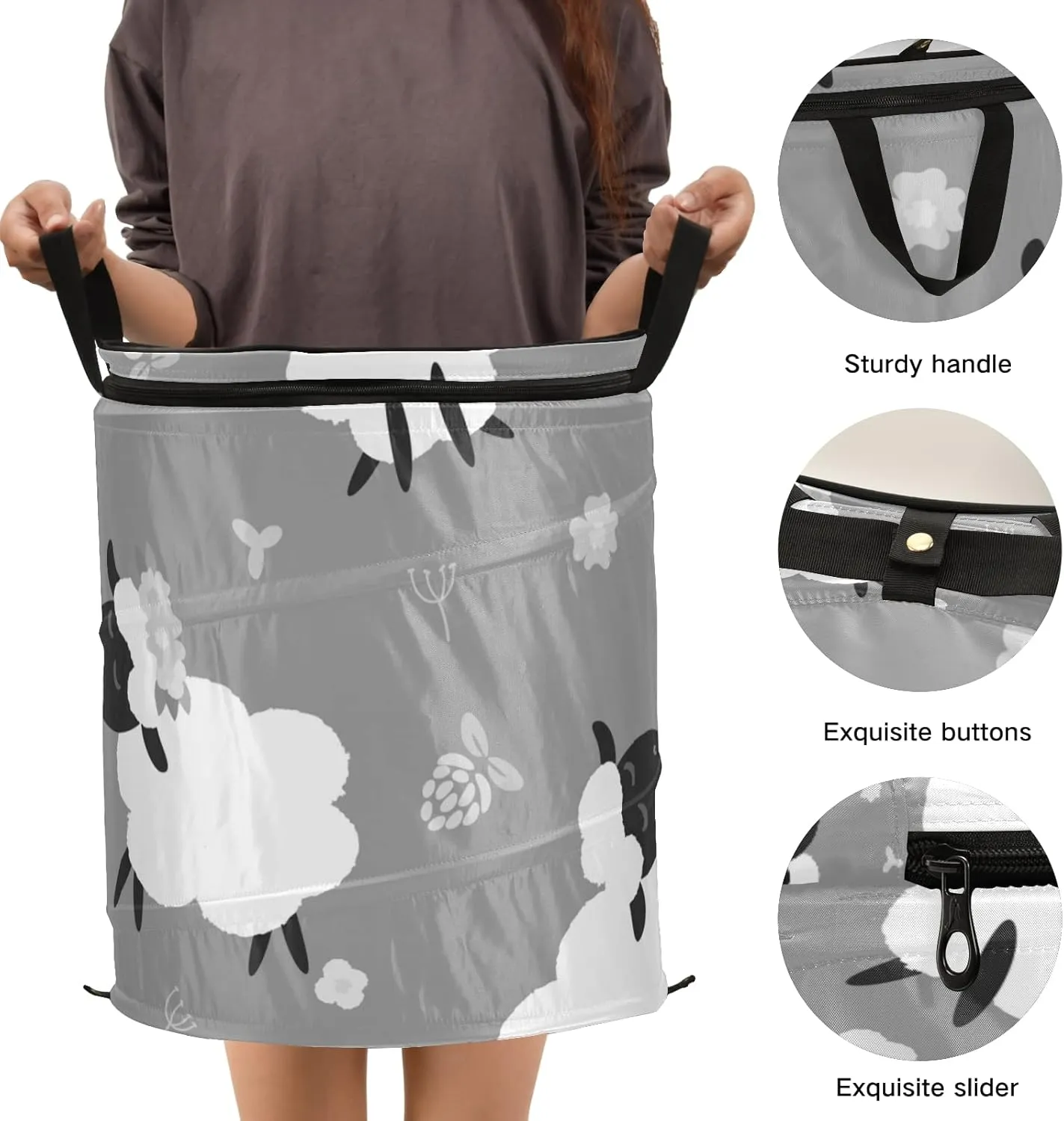 Black White Sheep Lambs Wild Flowers on a Dark Gray Background Pop Up Laundry Hamper, Collapsible Dirty Clothes Basket with Zipper Lid, Storage Bag Washing Bin for Room College Dorm Travel
