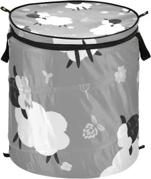 Black White Sheep Lambs Wild Flowers on a Dark Gray Background Pop Up Laundry Hamper, Collapsible Dirty Clothes Basket with Zipper Lid, Storage Bag Washing Bin for Room College Dorm Travel