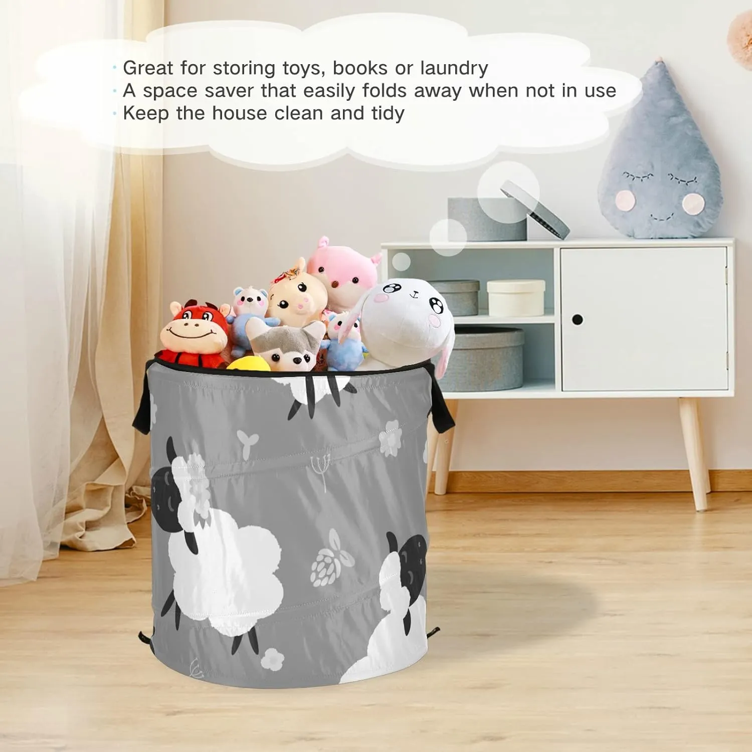 Black White Sheep Lambs Wild Flowers on a Dark Gray Background Pop Up Laundry Hamper, Collapsible Dirty Clothes Basket with Zipper Lid, Storage Bag Washing Bin for Room College Dorm Travel