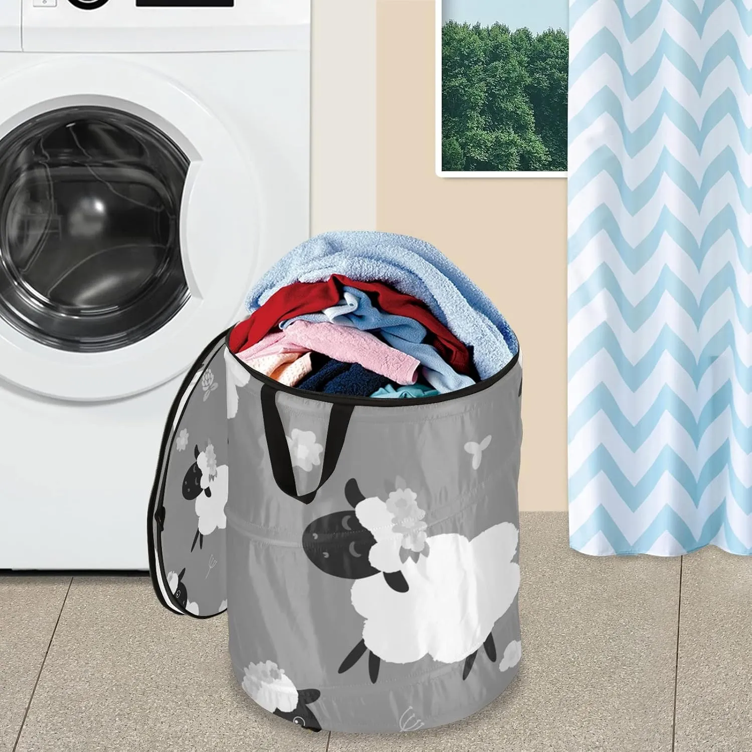 Black White Sheep Lambs Wild Flowers on a Dark Gray Background Pop Up Laundry Hamper, Collapsible Dirty Clothes Basket with Zipper Lid, Storage Bag Washing Bin for Room College Dorm Travel