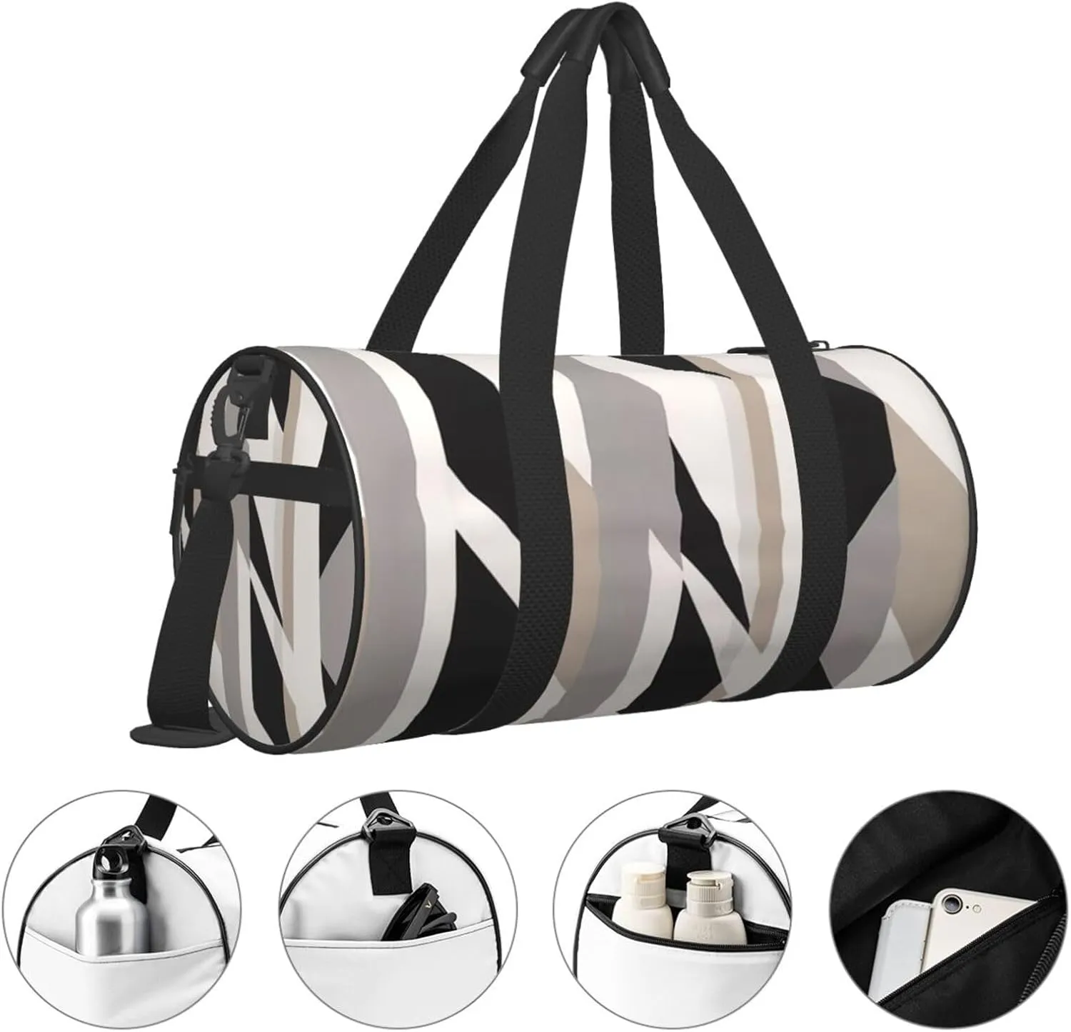 Black White Stripe Printed Travel Bag,Round Personal Item Storage bag,Foldie Duffel Bag for Traveling Vacation,Fitness,Sports