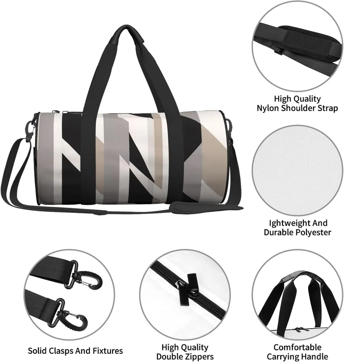 Black White Stripe Printed Travel Bag,Round Personal Item Storage bag,Foldie Duffel Bag for Traveling Vacation,Fitness,Sports