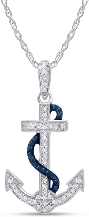 Blue & White Natural Diamond Anchor Pendant Necklace in 14k Gold Over Sterling Silver (0.1 Ct)