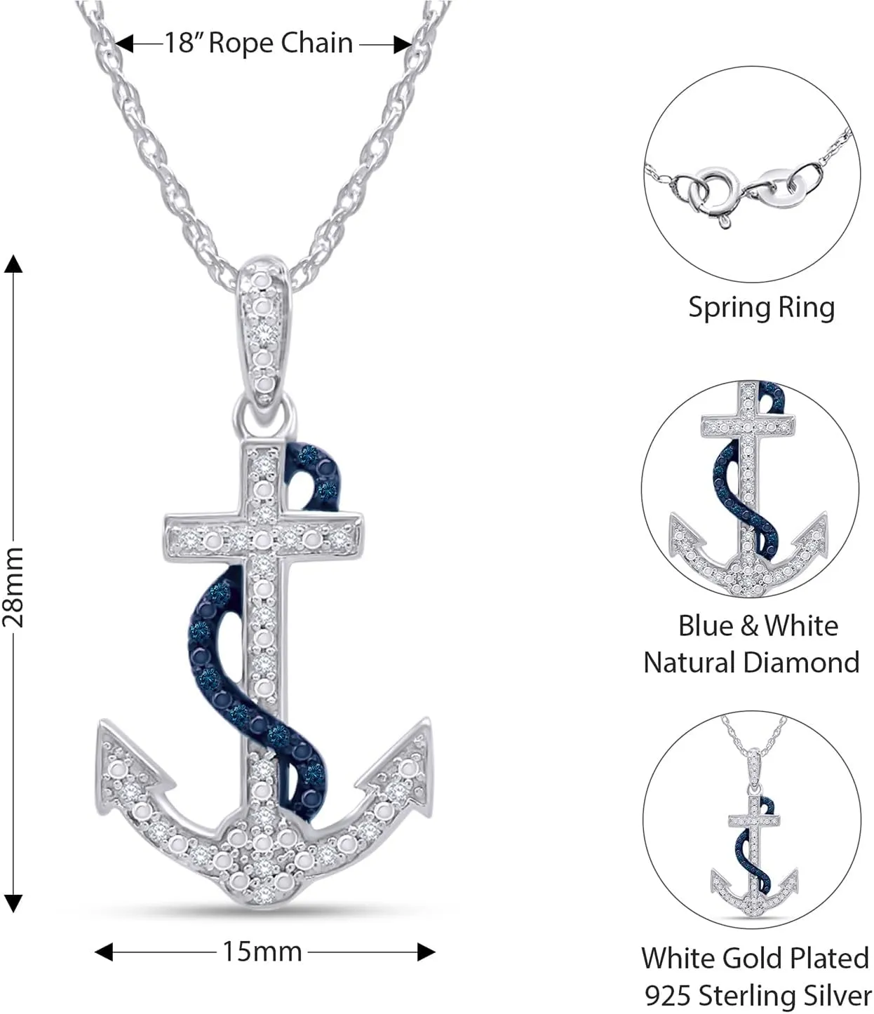 Blue & White Natural Diamond Anchor Pendant Necklace in 14k Gold Over Sterling Silver (0.1 Ct)