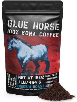 Blue Horse 100% Kona Coffee (Ground), Medium Roast Arabica coffee, 16 oz (1 lb) Bag, Farm Fresh, Authentic Hawaiian Coffee from the Big Island, Smooth & Bold Flavor, Hand-Picked & Sun-Dried for Rich Aroma