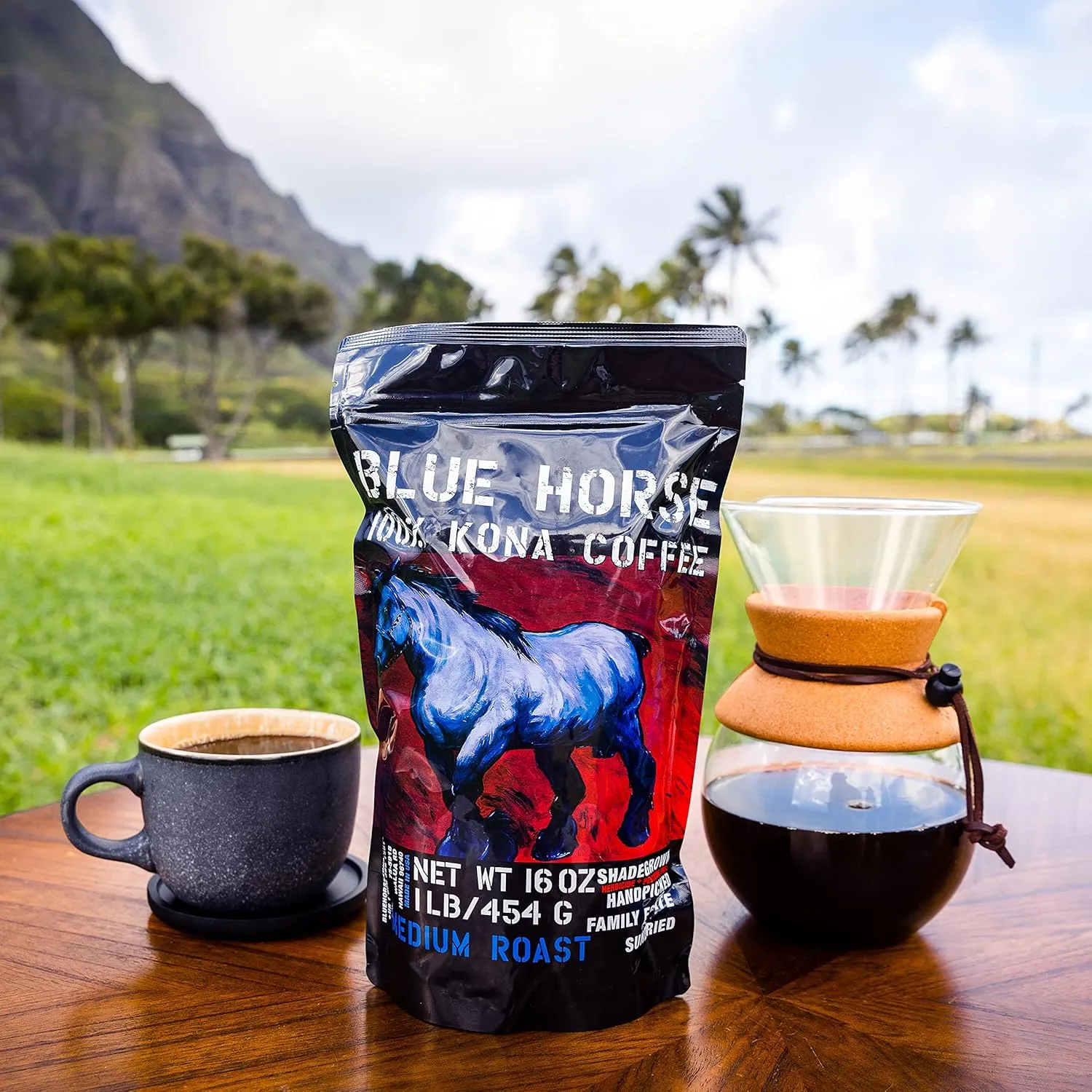 Blue Horse 100% Kona Coffee, Medium Roast, Arabica Whole Beans, 1 lb (16 oz) Bag, Farm Fresh, Authentic Hawaiian Coffee beans from Hawaii’s Big Island