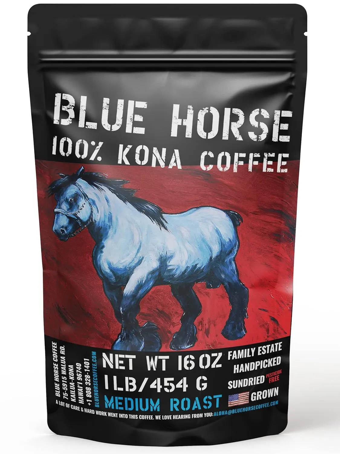 Blue Horse 100% Kona Coffee, Medium Roast, Arabica Whole Beans, 1 lb (16 oz) Bag, Farm Fresh, Authentic Hawaiian Coffee beans from Hawaii’s Big Island