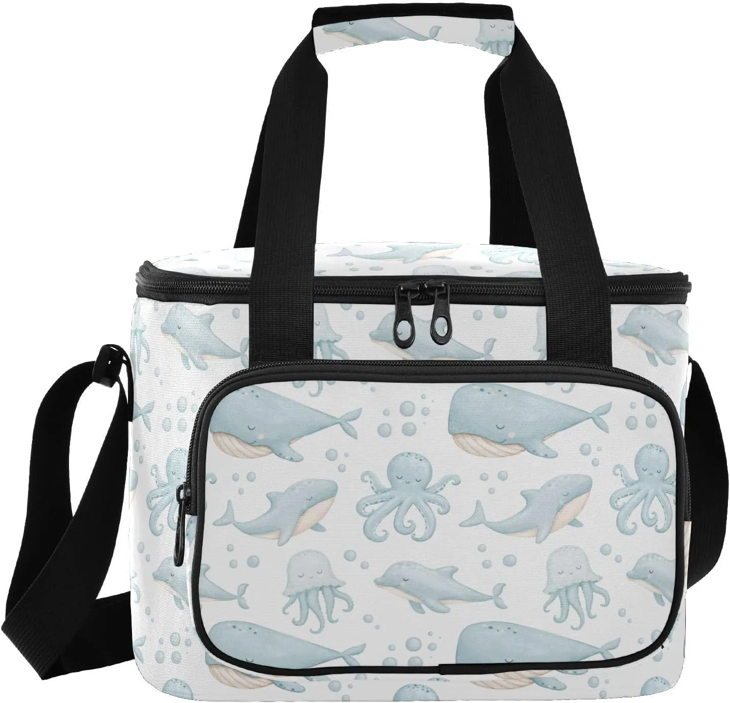 Blue Seafood Insulated Cooler Bag with Shoulder Strape Lunch Bag Travel Cooler for Work Hiking Camping