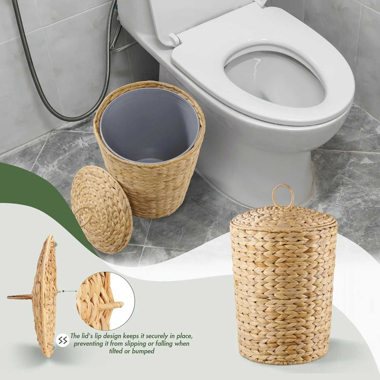 BLUEWEST Wicker Trash Can with Lid and Removable Liner, Wicker Rattan Bathroom Trash Can, Large Woven Bin for Office, Hyacinth Waste Basket for Home Kitchen (Natural, 3 Gallons)