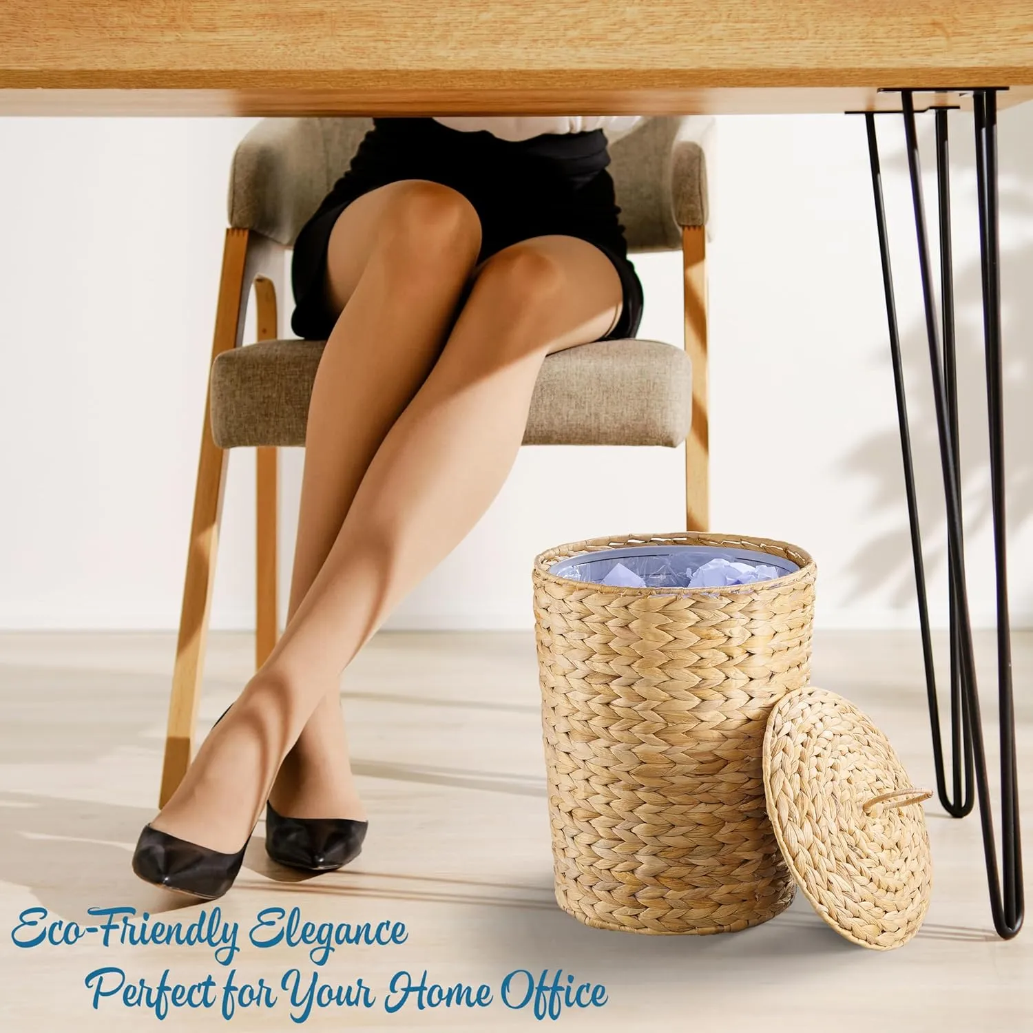BLUEWEST Wicker Trash Can with Lid and Removable Liner, Wicker Rattan Bathroom Trash Can, Large Woven Bin for Office, Hyacinth Waste Basket for Home Kitchen (Natural, 3 Gallons)